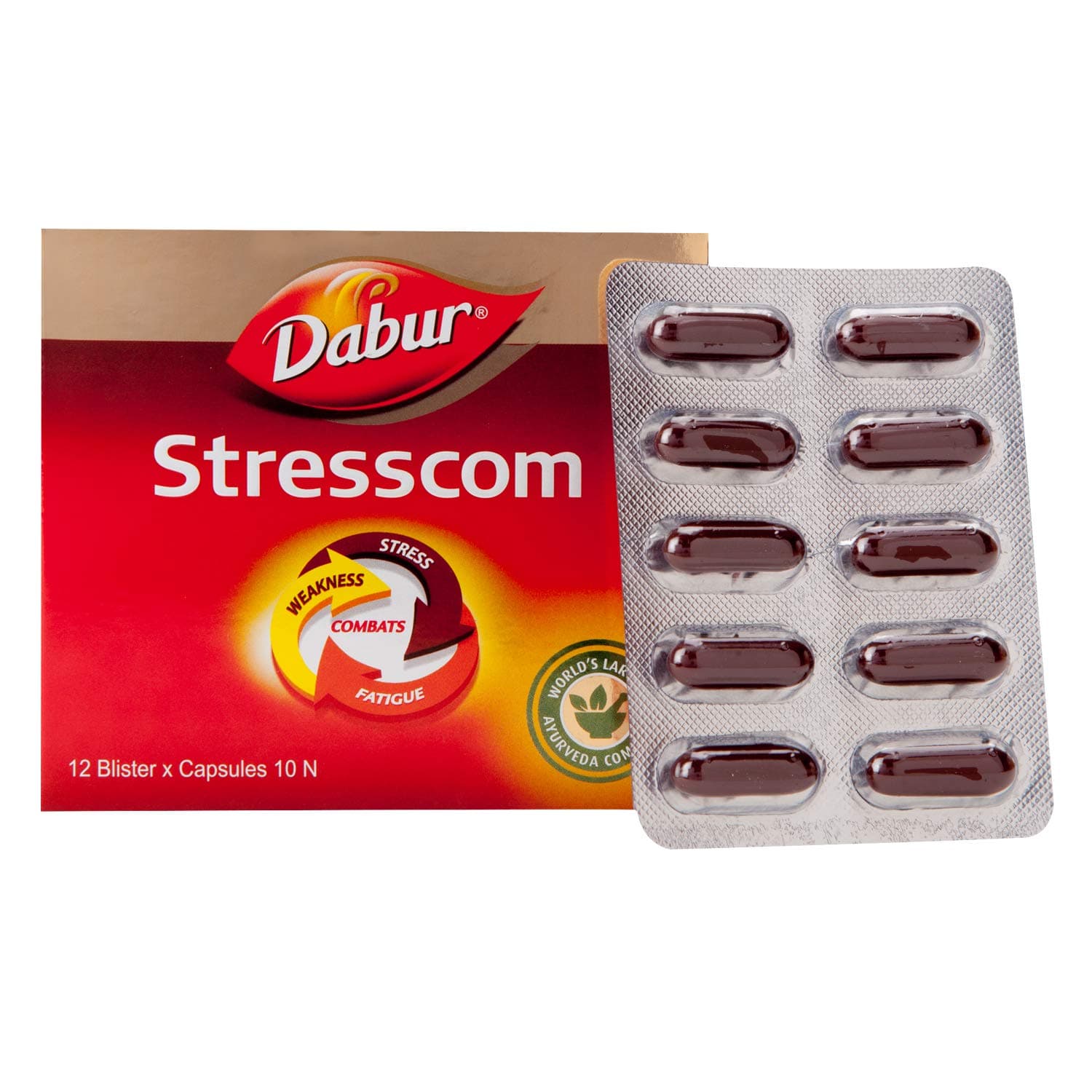 Dabur Stresscom Ashwagandha - 120 капсул (10 капсул х 12 полосок) - Premium Стресс и сон by Dabur